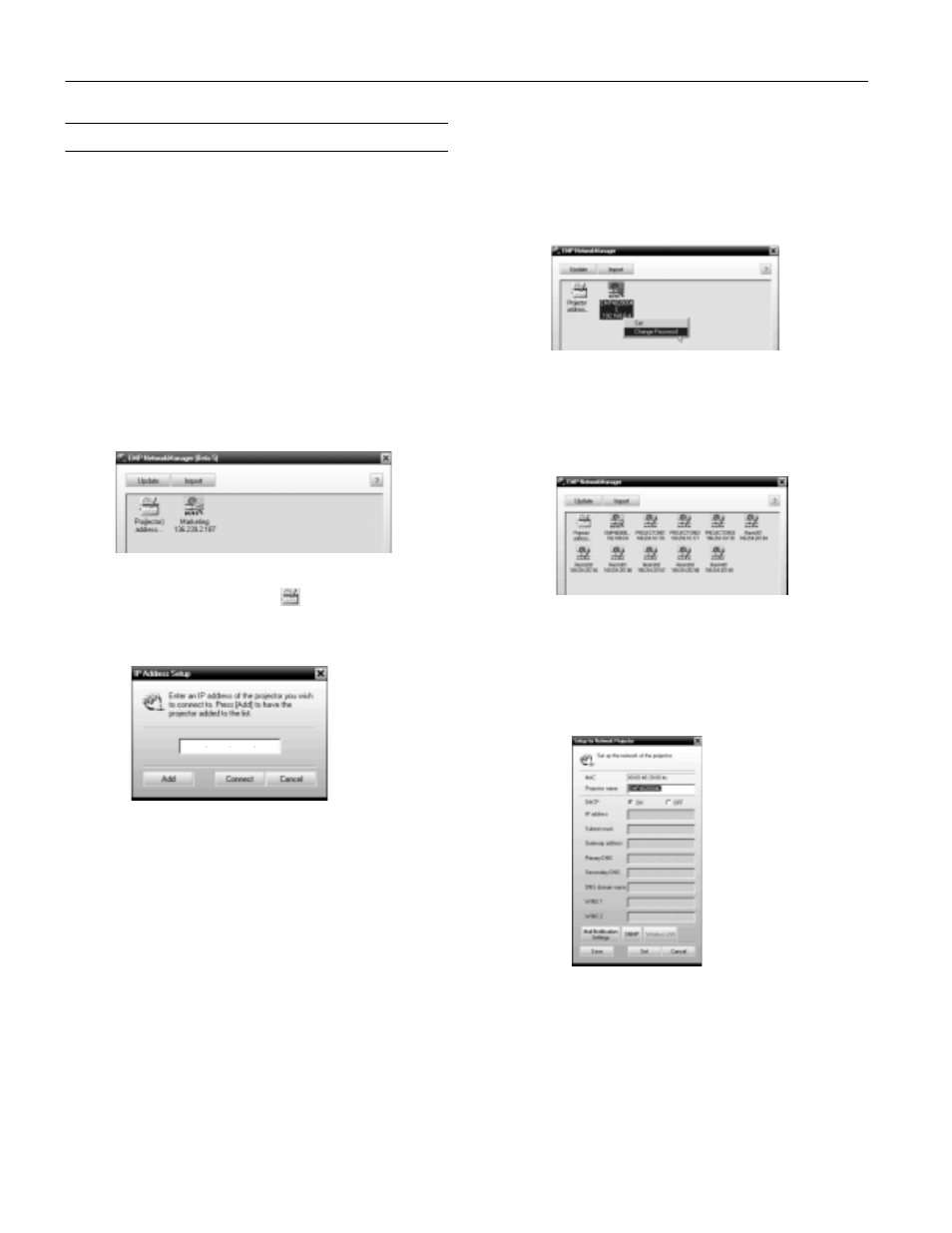 Using emp networkmanager, Selecting the projectors to monitor, Setting a password | Creating the e-mail settings | Epson 7900p User Manual | Page 18 / 23