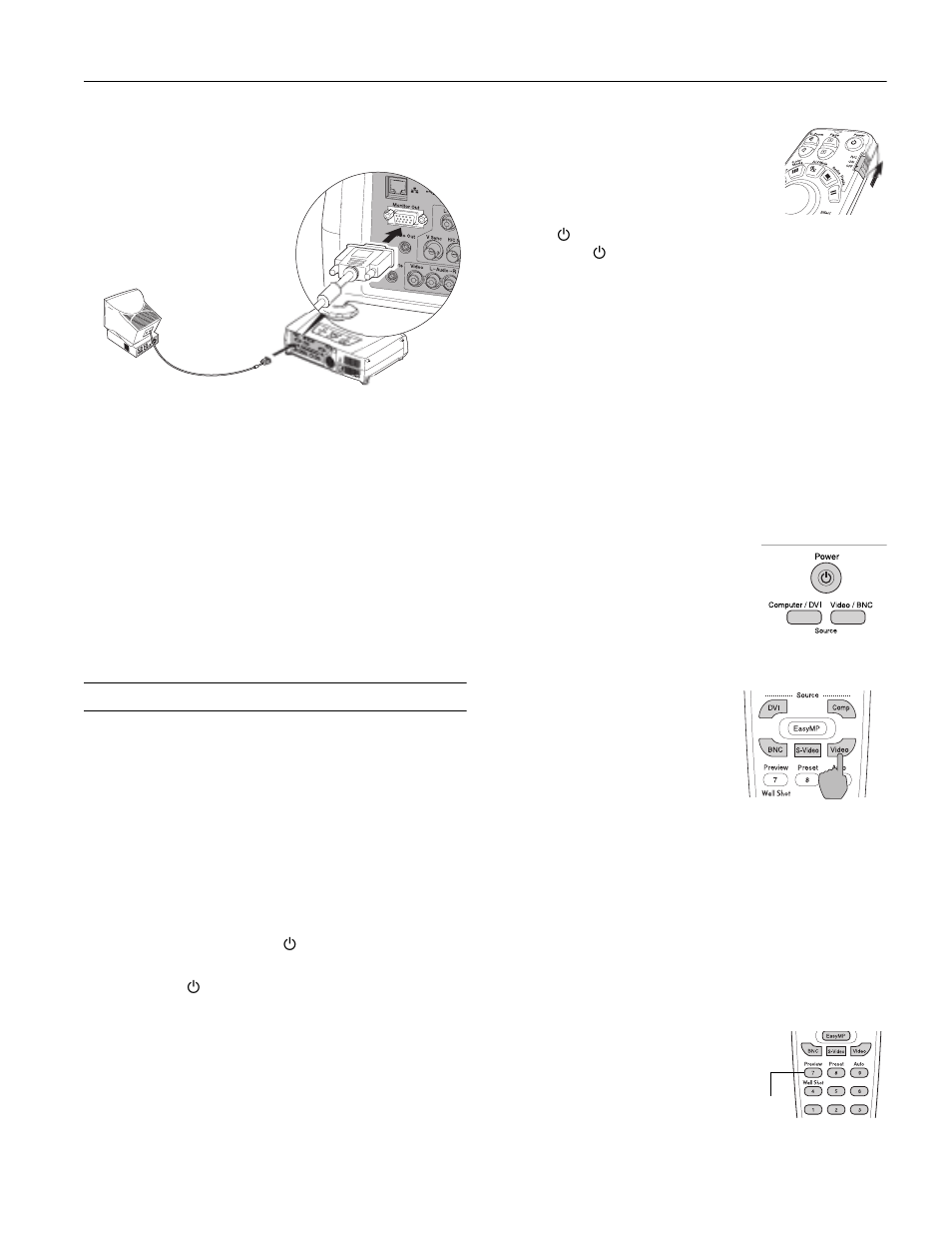 Displaying an image, Turning on the projector, Selecting the image source | Previewing image sources | Epson 7900p User Manual | Page 5 / 23