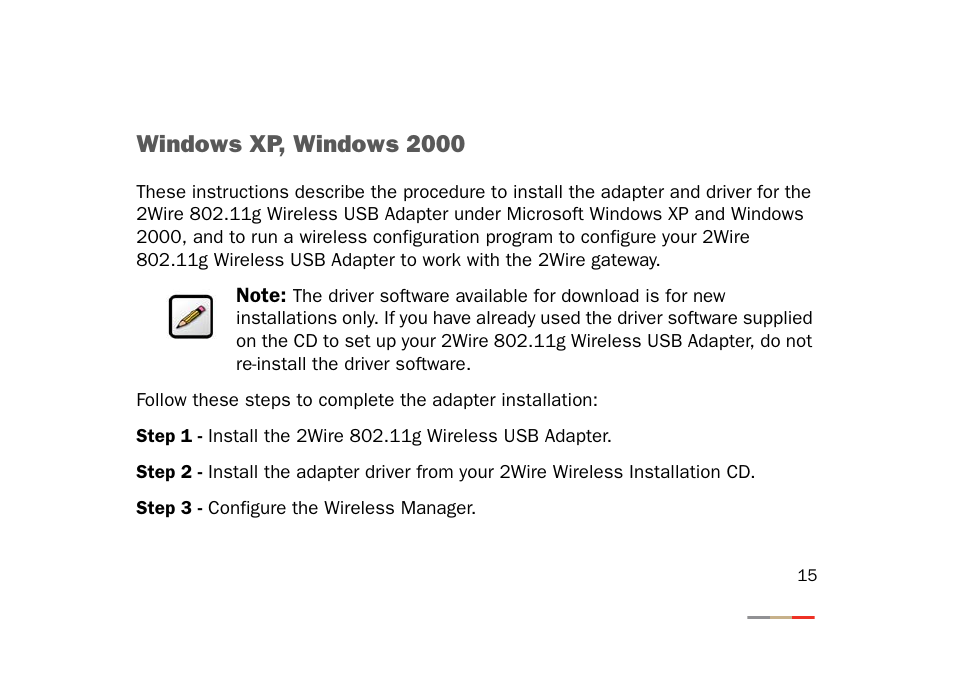 Windows xp, windows 2000 | 2Wire 802.11g User Manual | Page 17 / 29