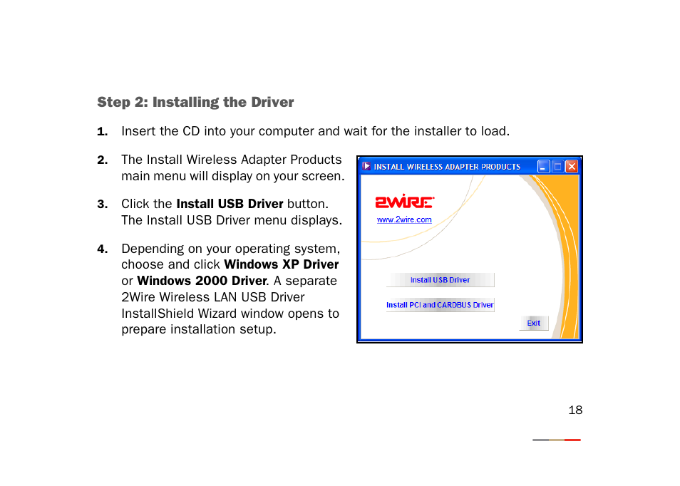 Step 2: installing the driver | 2Wire 802.11g User Manual | Page 20 / 29