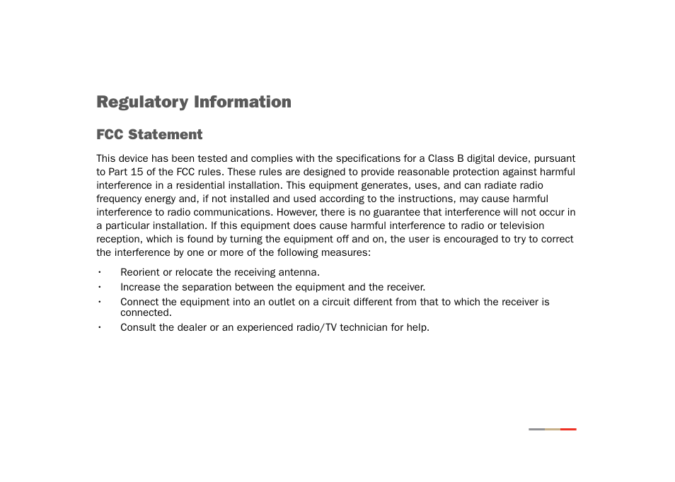 Regulatory information, Fcc statement | 2Wire 802.11g User Manual | Page 29 / 29