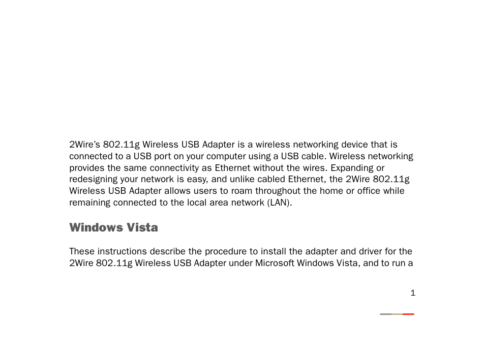 Windows vista, Wireless usb adapter and driver installation | 2Wire 802.11g User Manual | Page 3 / 29