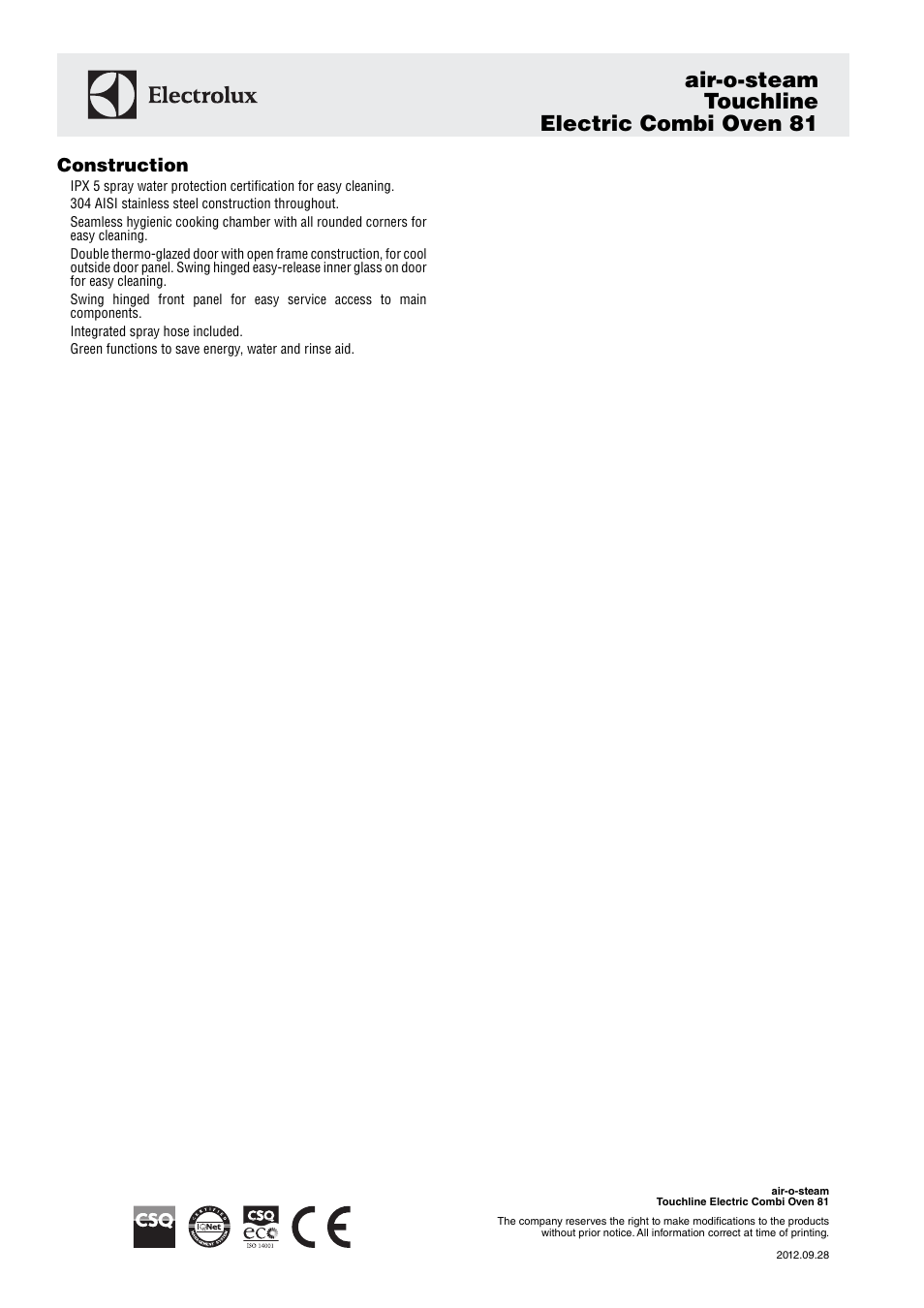 Air-o-steam touchline electric combi oven 81, Construction | Electrolux Electric Combi 81 User Manual | Page 2 / 4