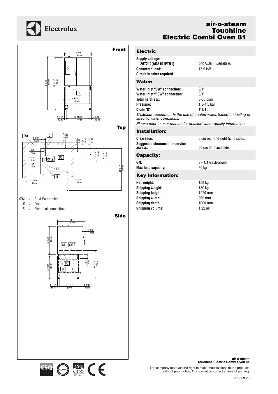 Air-o-steam touchline electric combi oven 81 | Electrolux Electric Combi 81 User Manual | Page 3 / 4