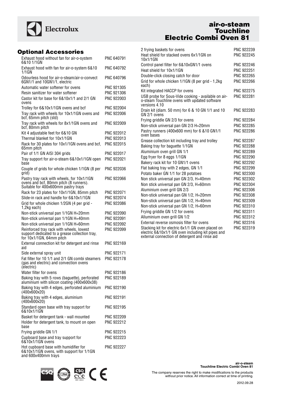 Air-o-steam touchline electric combi oven 81, Optional accessories | Electrolux Electric Combi 81 User Manual | Page 4 / 4