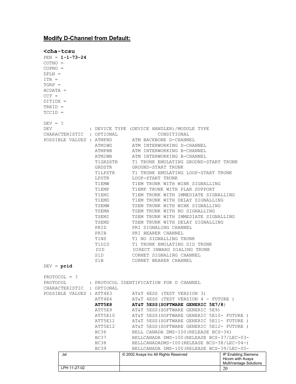Modify d-channel from default: <cha-tcsu | Avaya S8300 User Manual | Page 20 / 22