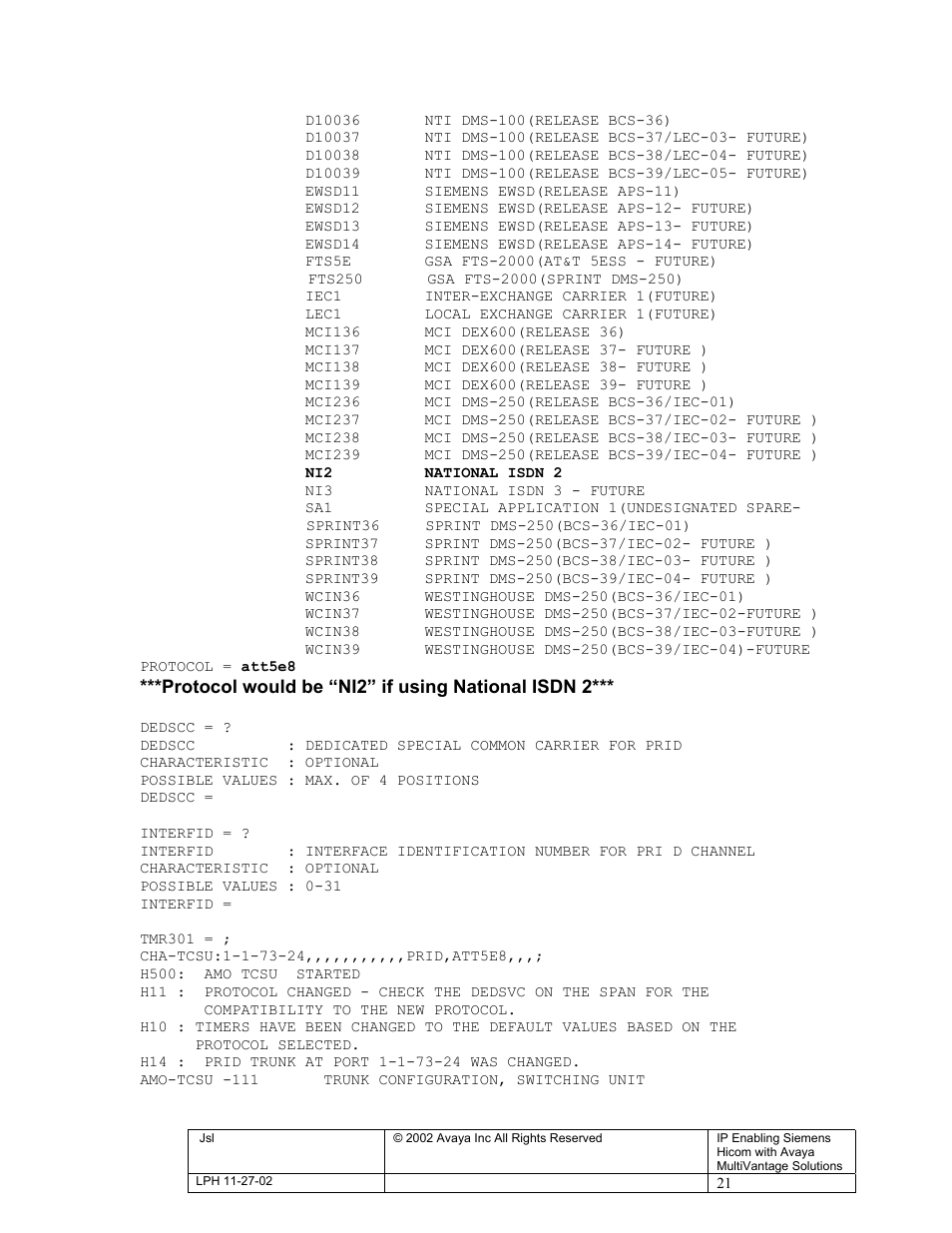 Protocol would be “ni2” if using national isdn 2 | Avaya S8300 User Manual | Page 21 / 22