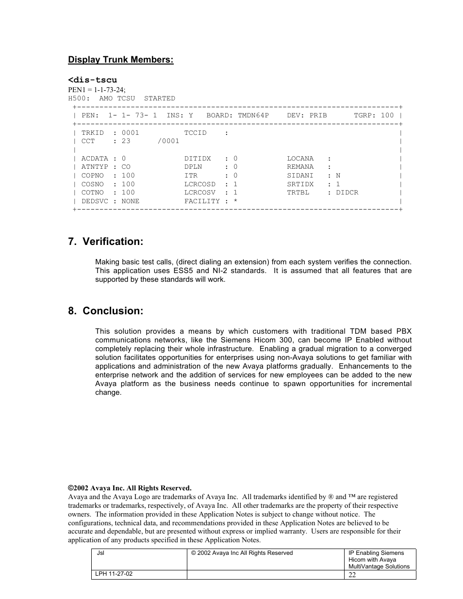 Verification, Conclusion | Avaya S8300 User Manual | Page 22 / 22