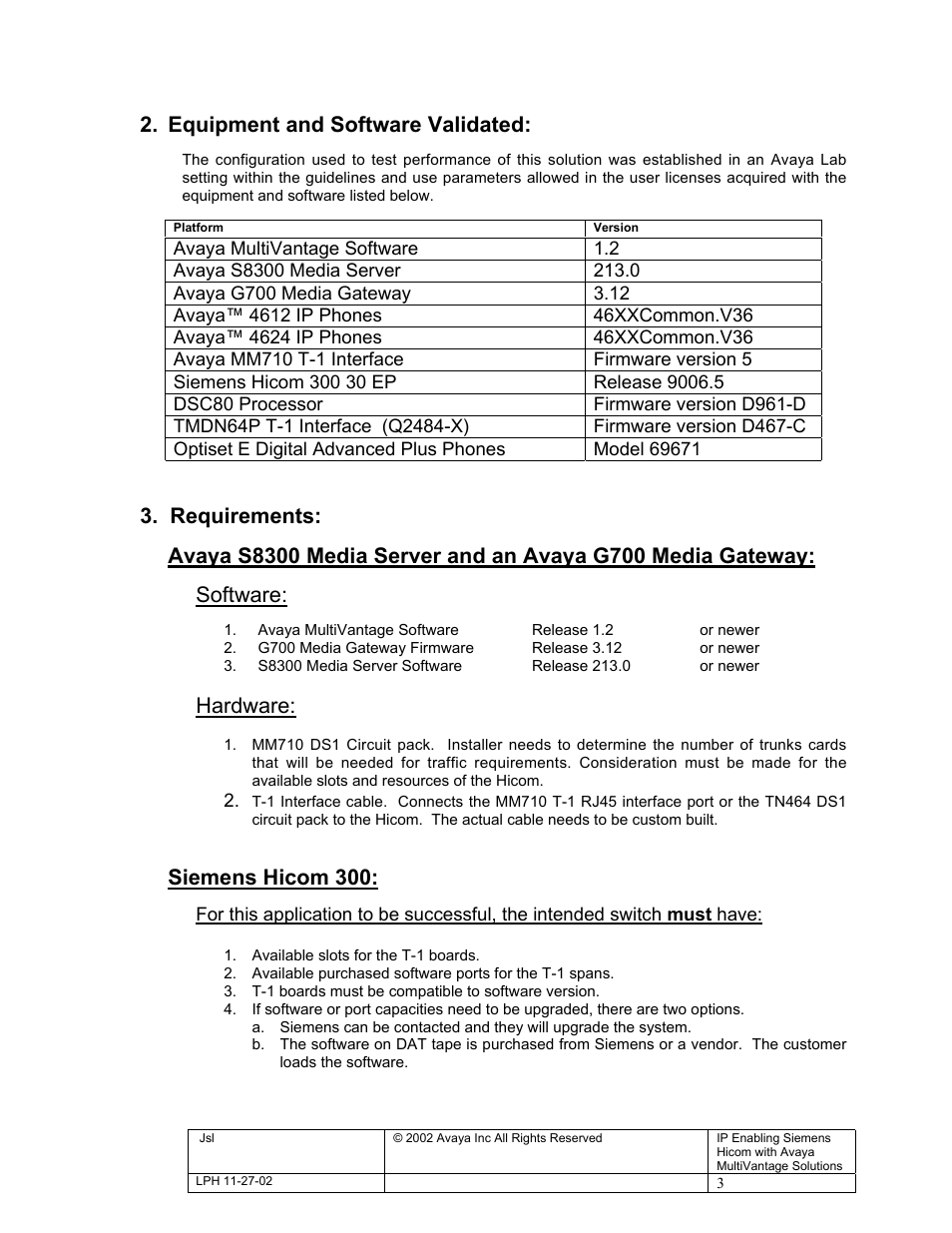 Equipment and software validated, Hardware, Siemens hicom 300 | Avaya S8300 User Manual | Page 3 / 22