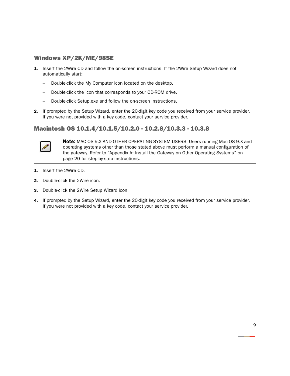 Run the 2wire setup wizard, Windows xp/2k/me/98se | 2Wire 2701HGV-W User Manual | Page 12 / 30