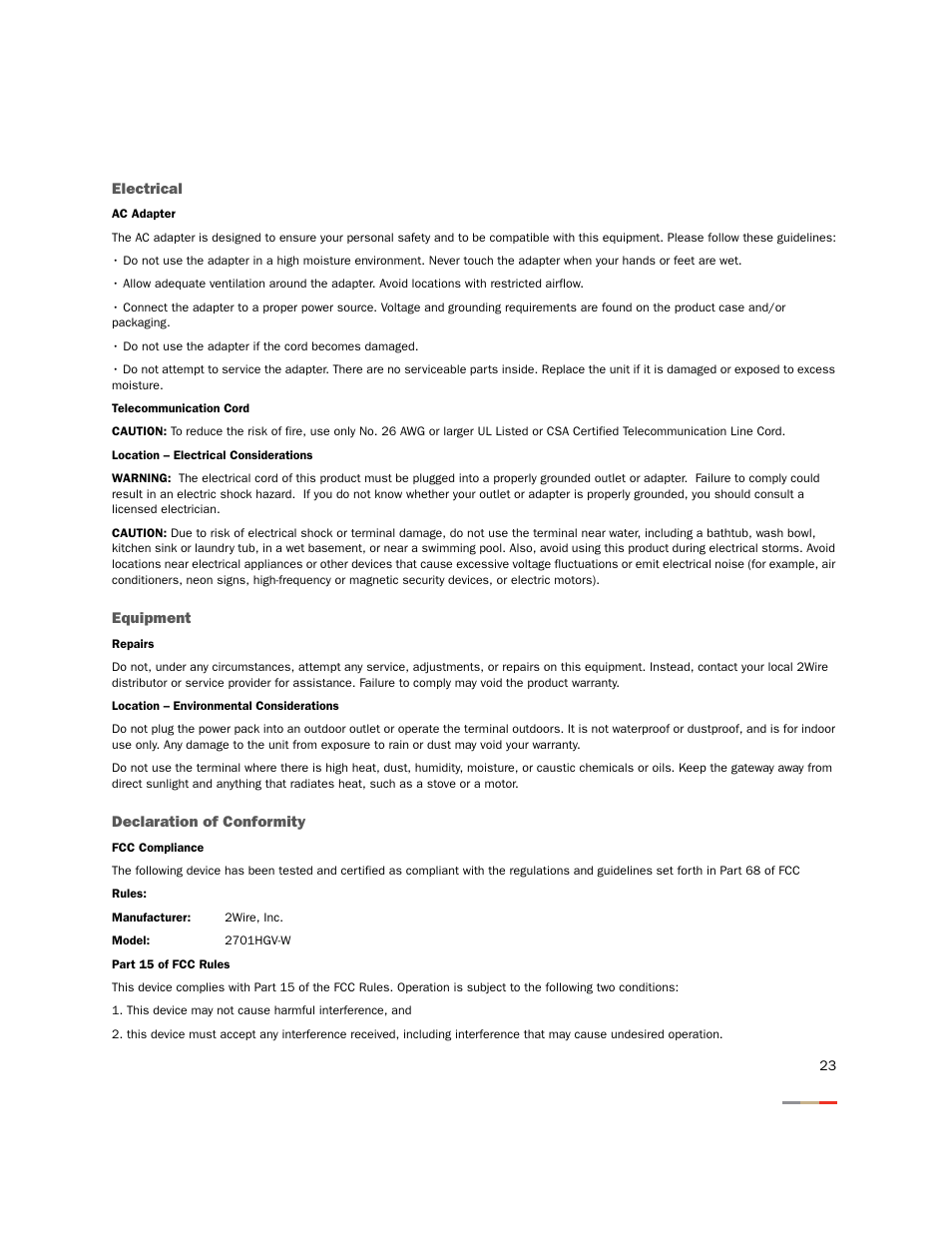 Regulatory information | 2Wire 2701HGV-W User Manual | Page 26 / 30