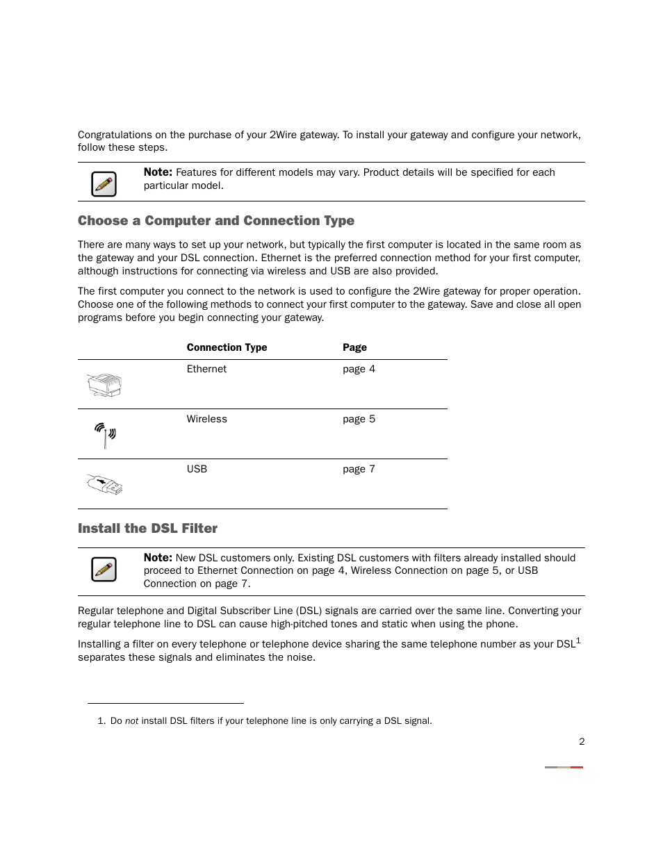 Connect the first computer to the gateway, Choose a computer and connection type, Install the dsl filter | 2Wire 2701HGV-W User Manual | Page 5 / 30