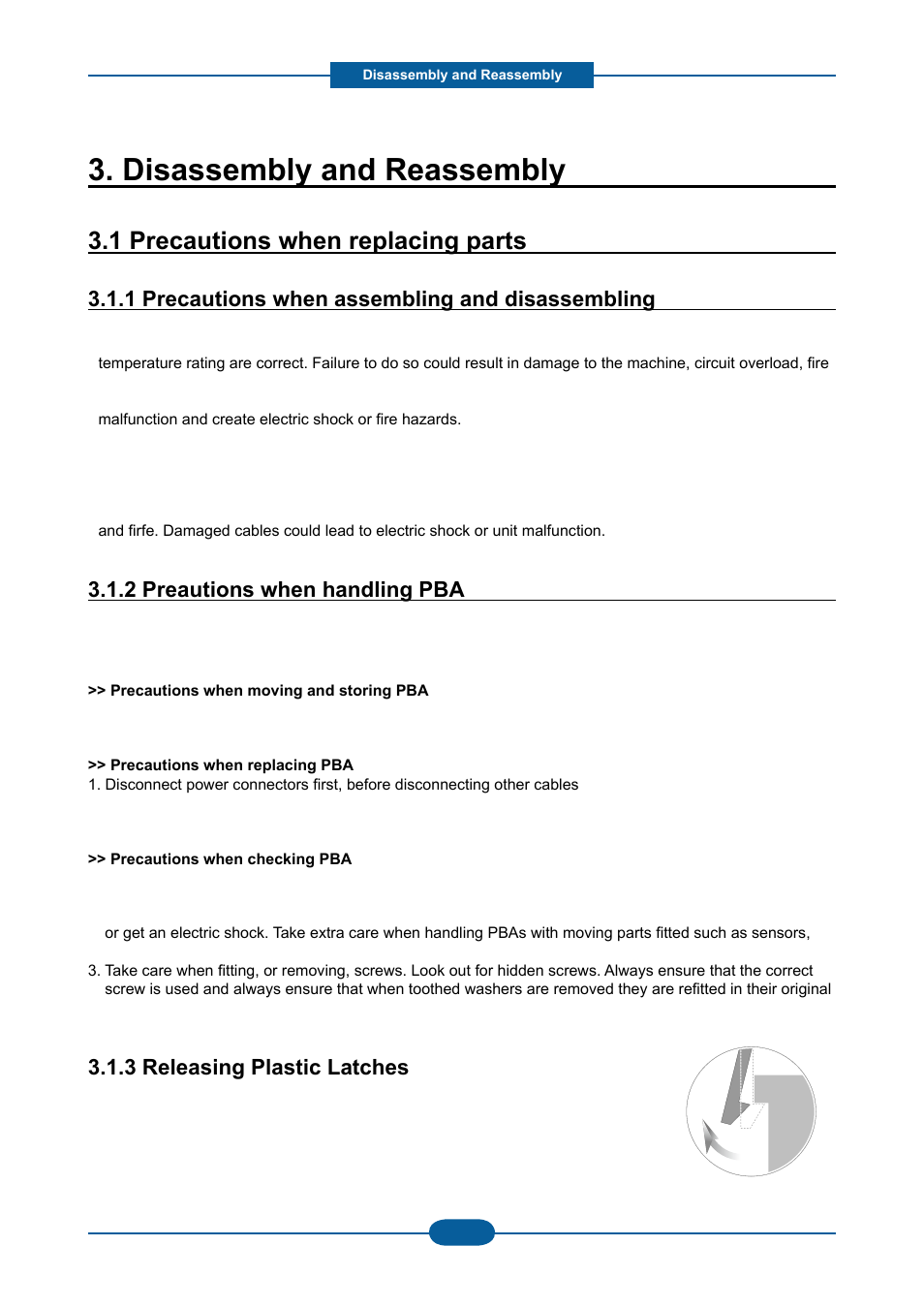 Disassembly and reassembly, 1 precautions when replacing parts, 1 precautions when assembling and disassembling | 2 preautions when handling pba, 3 releasing plastic latches | Muratec F-116 User Manual | Page 45 / 150
