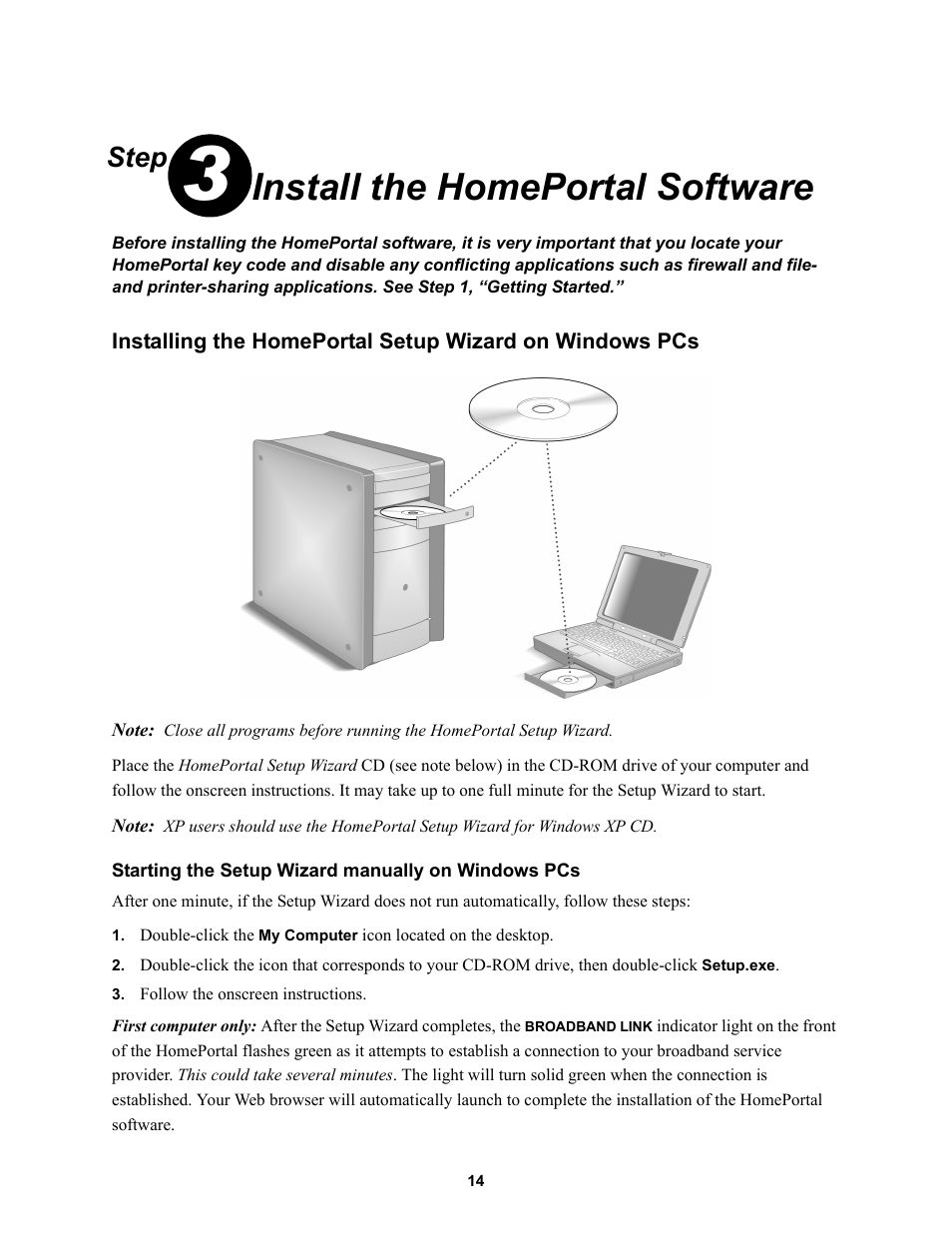 Step 3: install the homeportal software, Starting the setup wizard manually on windows pcs, Install the homeportal software | Step | 2Wire 1000SW User Manual | Page 18 / 54