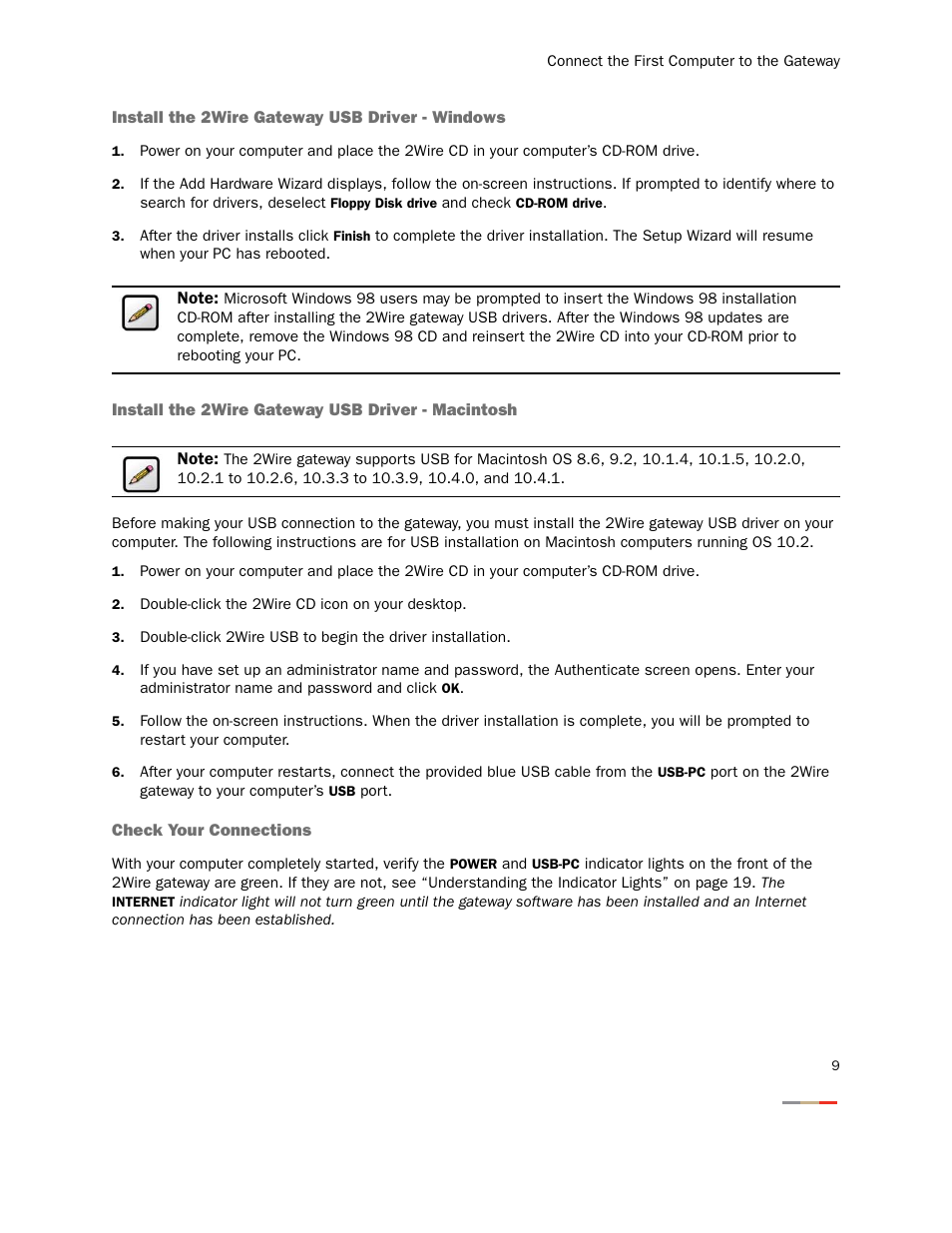 Install the 2wire gateway usb driver - windows, Install the 2wire gateway usb driver - macintosh, Check your connections | 2Wire 2000 Series User Manual | Page 13 / 29