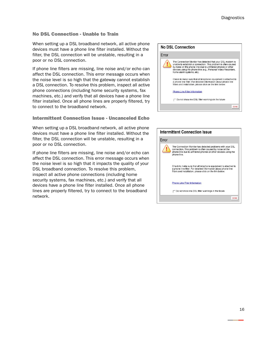 No dsl connection - unable to train, Intermittent connection issue - uncanceled echo | 2Wire 2000 Series User Manual | Page 20 / 29