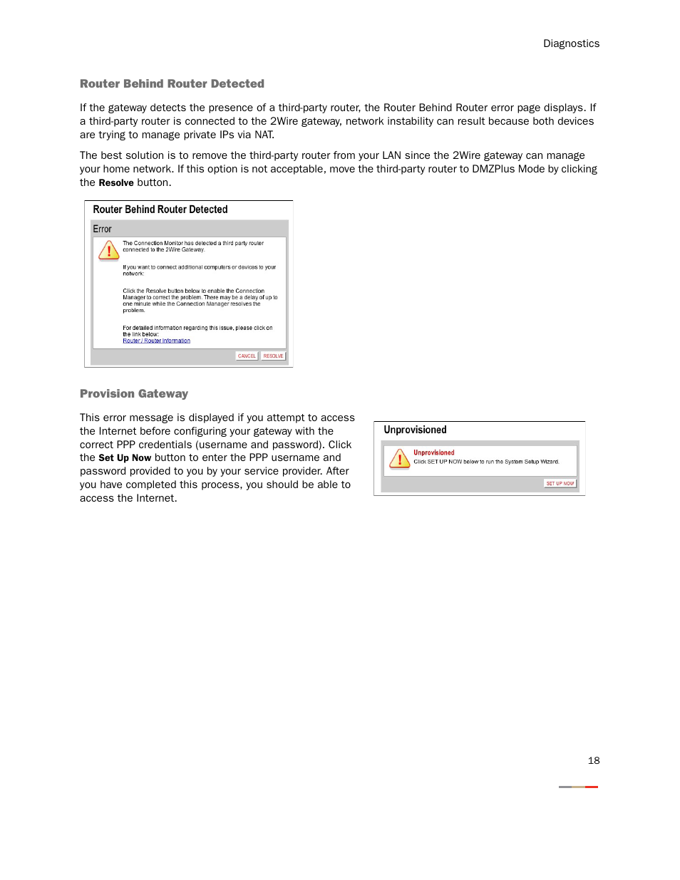 Router behind router detected, Provision gateway, Router behind router detected provision gateway | 2Wire 2000 Series User Manual | Page 22 / 29