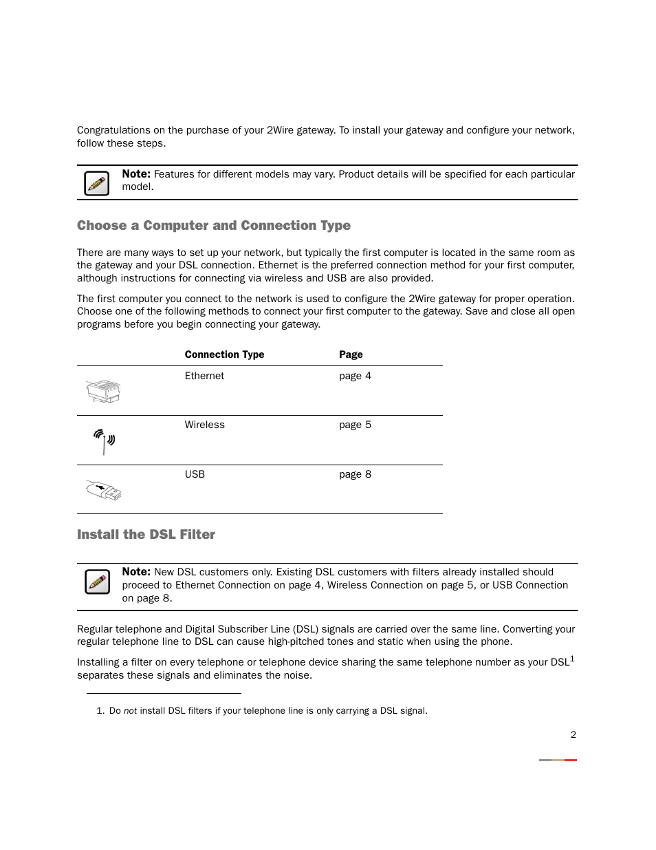 Choose a computer and connection type, Install the dsl filter, Connect the first computer to the gateway | 2Wire 2000 Series User Manual | Page 6 / 29