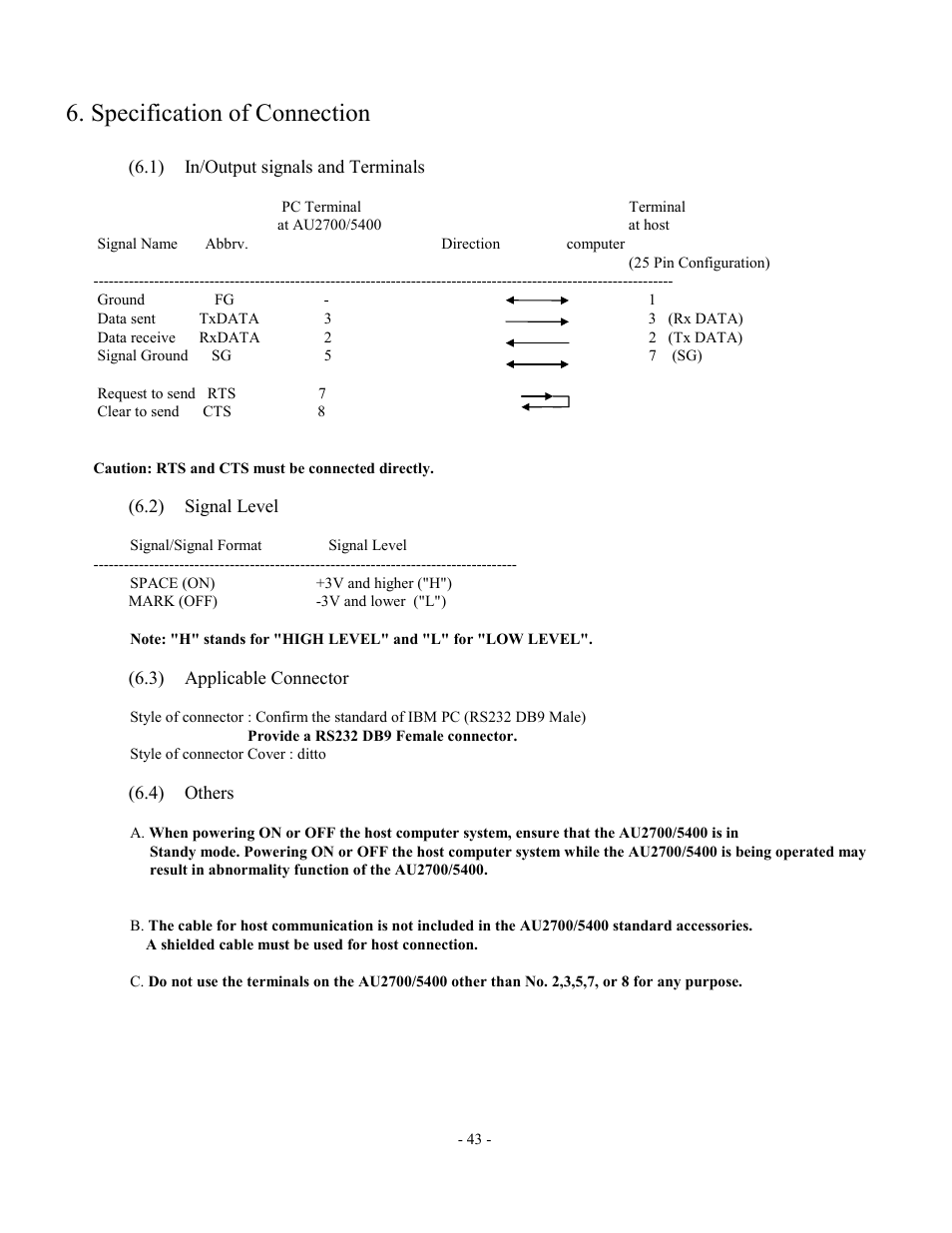 Specification of connection, In/output signals and terminals, Signal level | Applicable connector, Others | Olympus AU2700 User Manual | Page 43 / 65