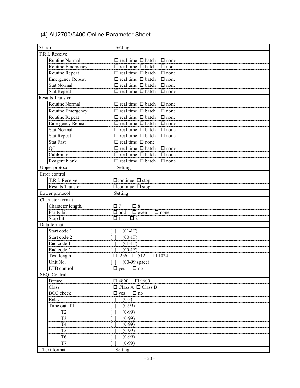 4) au2700/5400 online parameter sheet, Online parameter sheet | Olympus AU2700 User Manual | Page 50 / 65