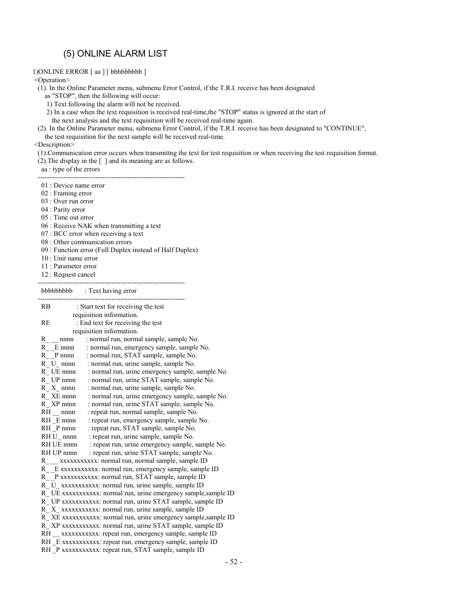 5) online alarm list, Online alarm list | Olympus AU2700 User Manual | Page 52 / 65