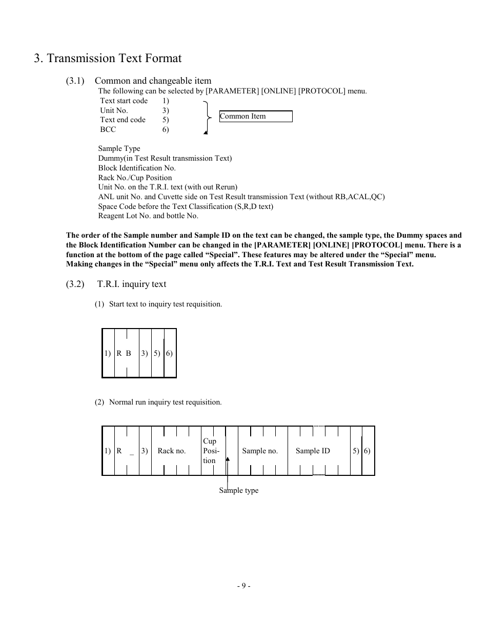 Transmission text format, Common and changeable item, T.r.i. inquiry text | Olympus AU2700 User Manual | Page 9 / 65