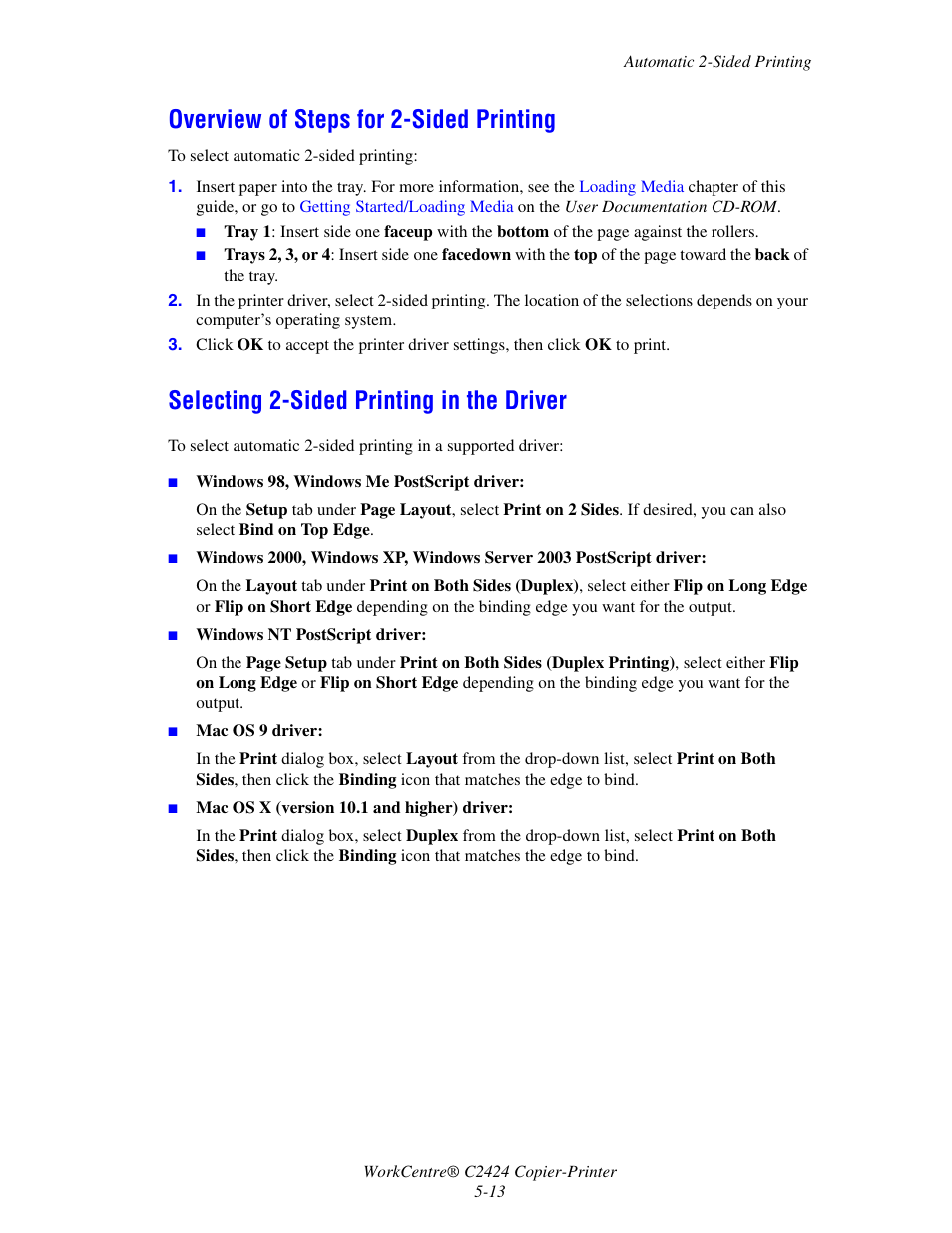 Overview of steps for 2-sided printing, Selecting 2-sided printing in the driver | Xerox WorkCentre C2424 User Manual | Page 13 / 65