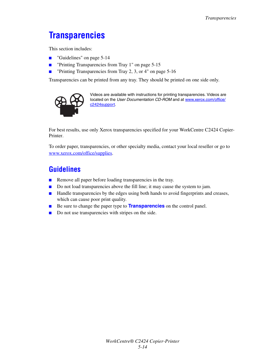 Transparencies, Guidelines | Xerox WorkCentre C2424 User Manual | Page 14 / 65