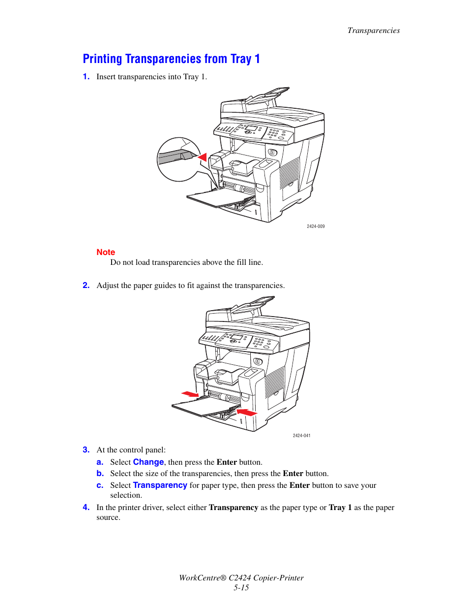 Printing transparencies from tray 1 | Xerox WorkCentre C2424 User Manual | Page 15 / 65