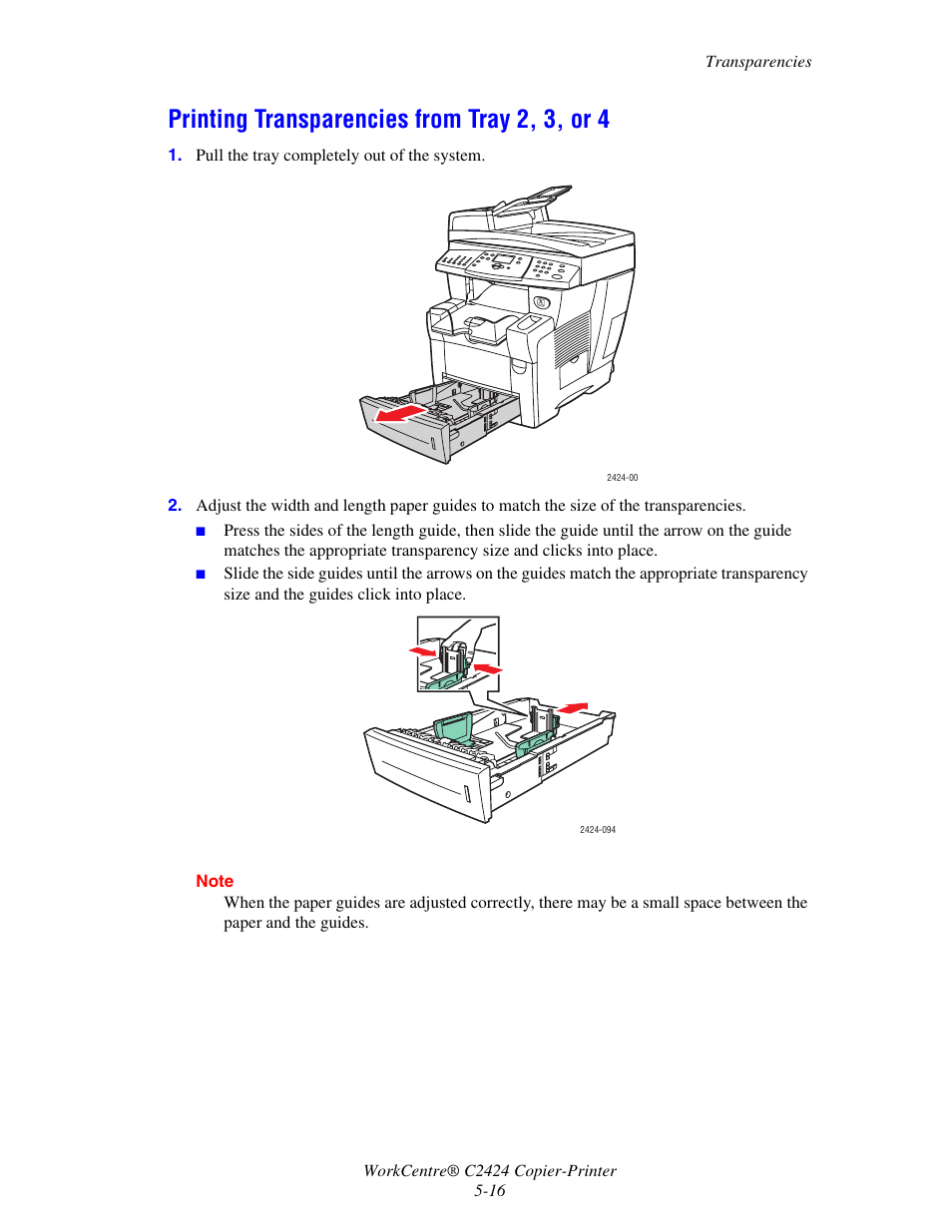 Printing transparencies from tray 2, 3, or 4 | Xerox WorkCentre C2424 User Manual | Page 16 / 65