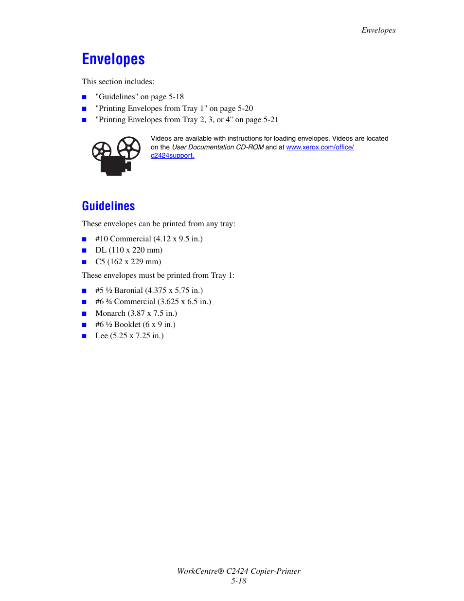 Envelopes, Guidelines | Xerox WorkCentre C2424 User Manual | Page 18 / 65