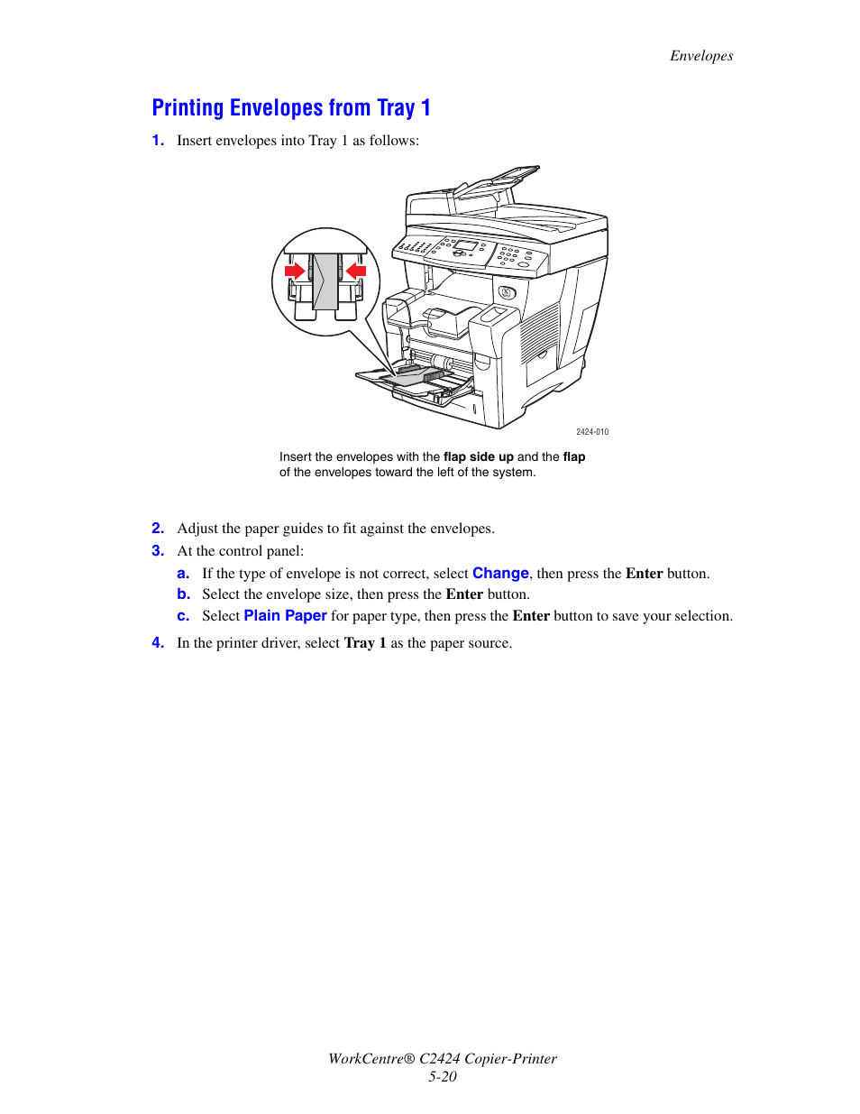 Printing envelopes from tray 1 | Xerox WorkCentre C2424 User Manual | Page 20 / 65