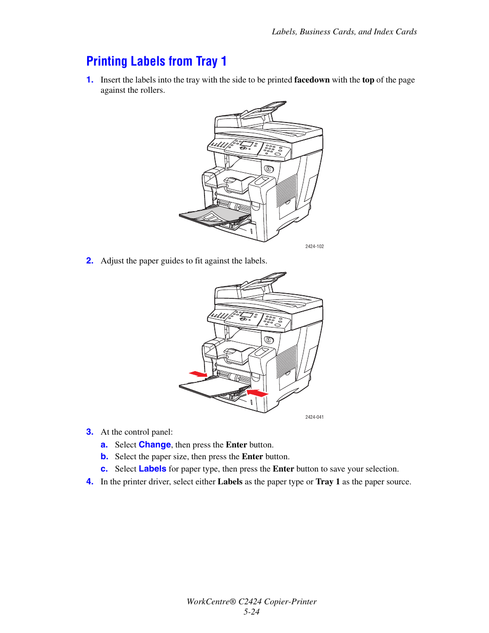 Printing labels from tray 1 | Xerox WorkCentre C2424 User Manual | Page 24 / 65