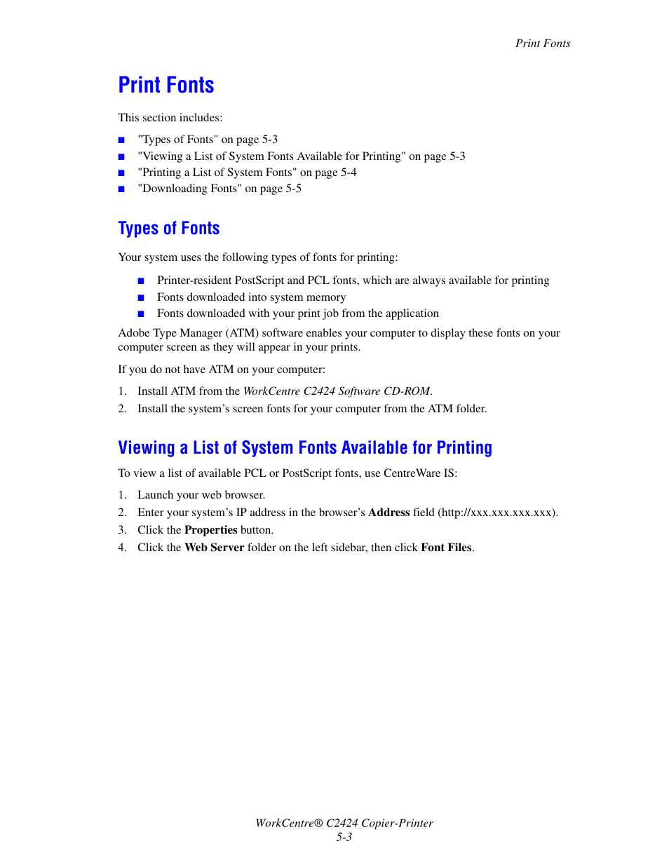 Print fonts, Types of fonts | Xerox WorkCentre C2424 User Manual | Page 3 / 65