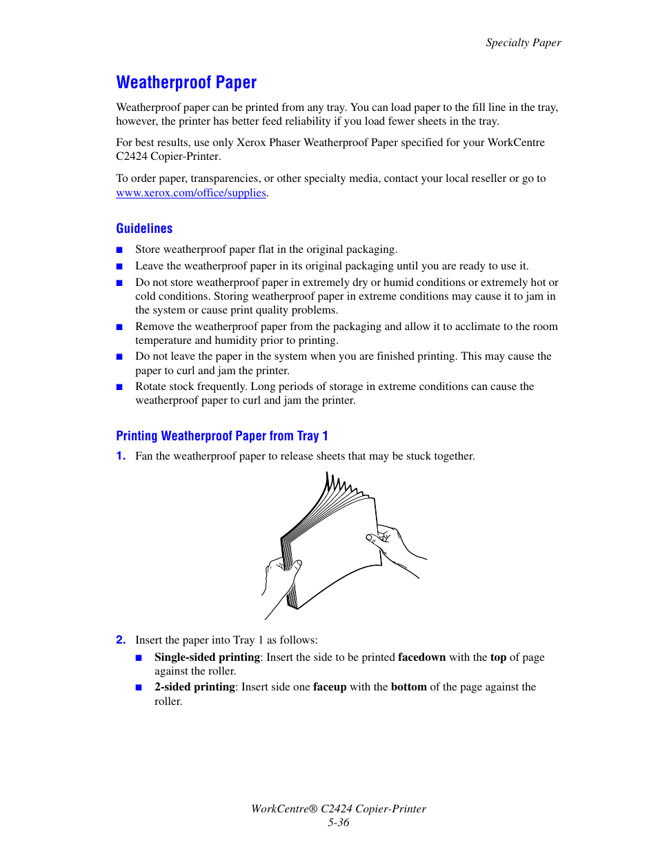 Weatherproof paper | Xerox WorkCentre C2424 User Manual | Page 36 / 65