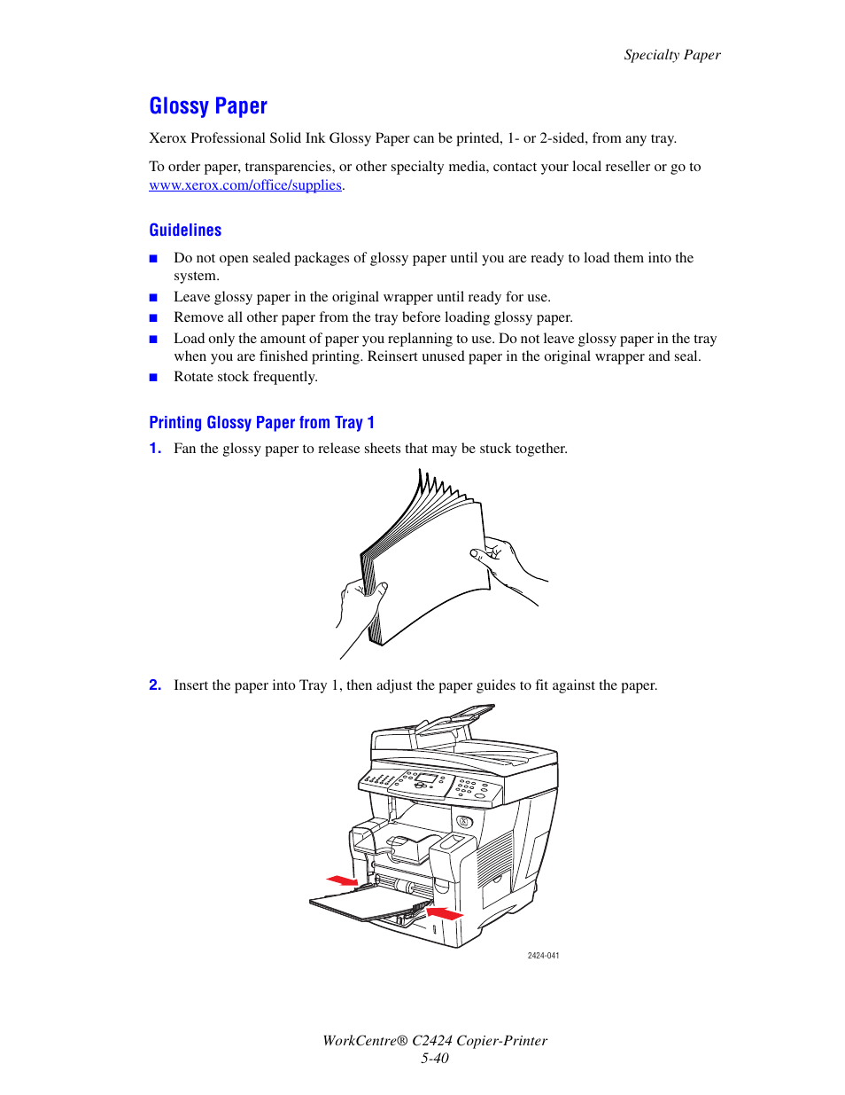 Glossy paper | Xerox WorkCentre C2424 User Manual | Page 40 / 65