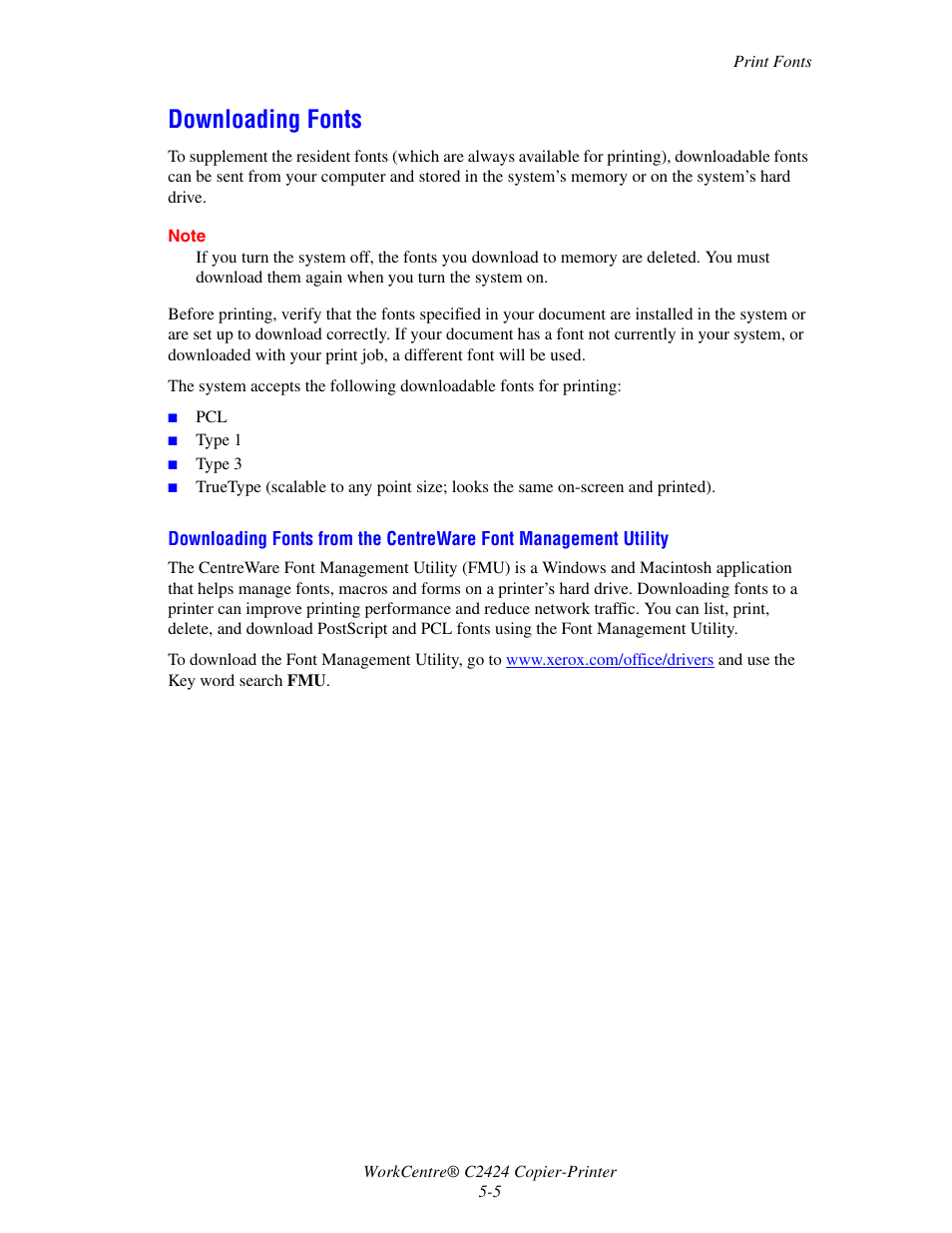 Downloading fonts | Xerox WorkCentre C2424 User Manual | Page 5 / 65