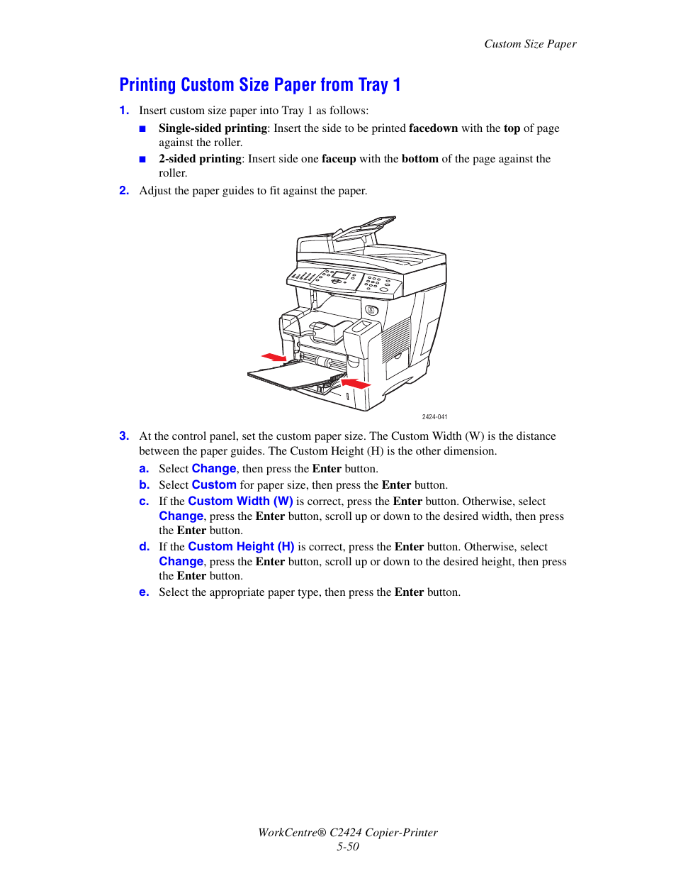 Printing custom size paper from tray 1 | Xerox WorkCentre C2424 User Manual | Page 50 / 65