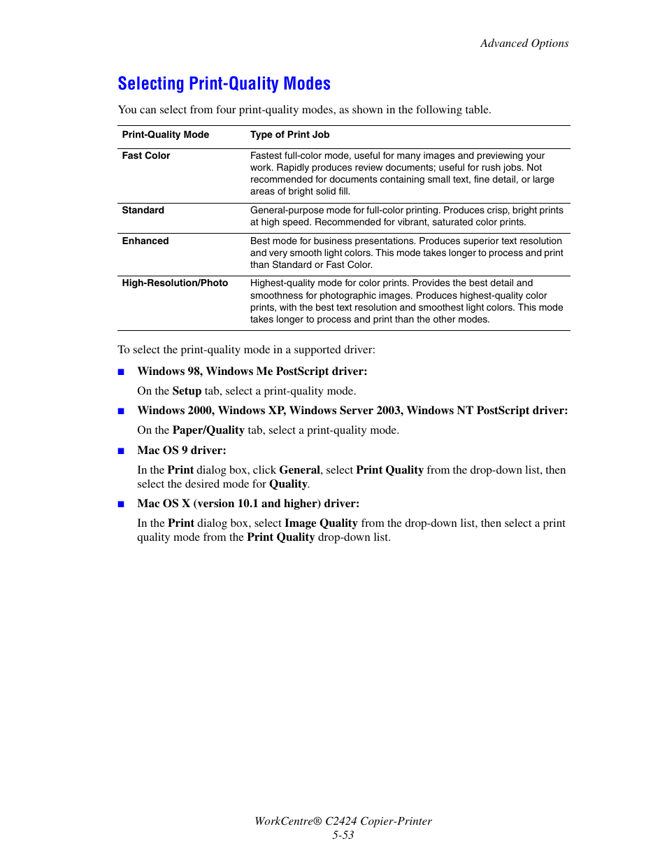 Selecting print-quality modes | Xerox WorkCentre C2424 User Manual | Page 53 / 65