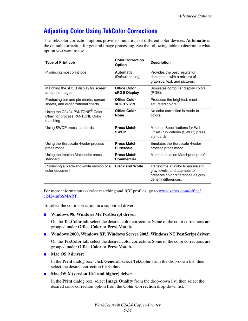 Adjusting color using tekcolor corrections | Xerox WorkCentre C2424 User Manual | Page 54 / 65