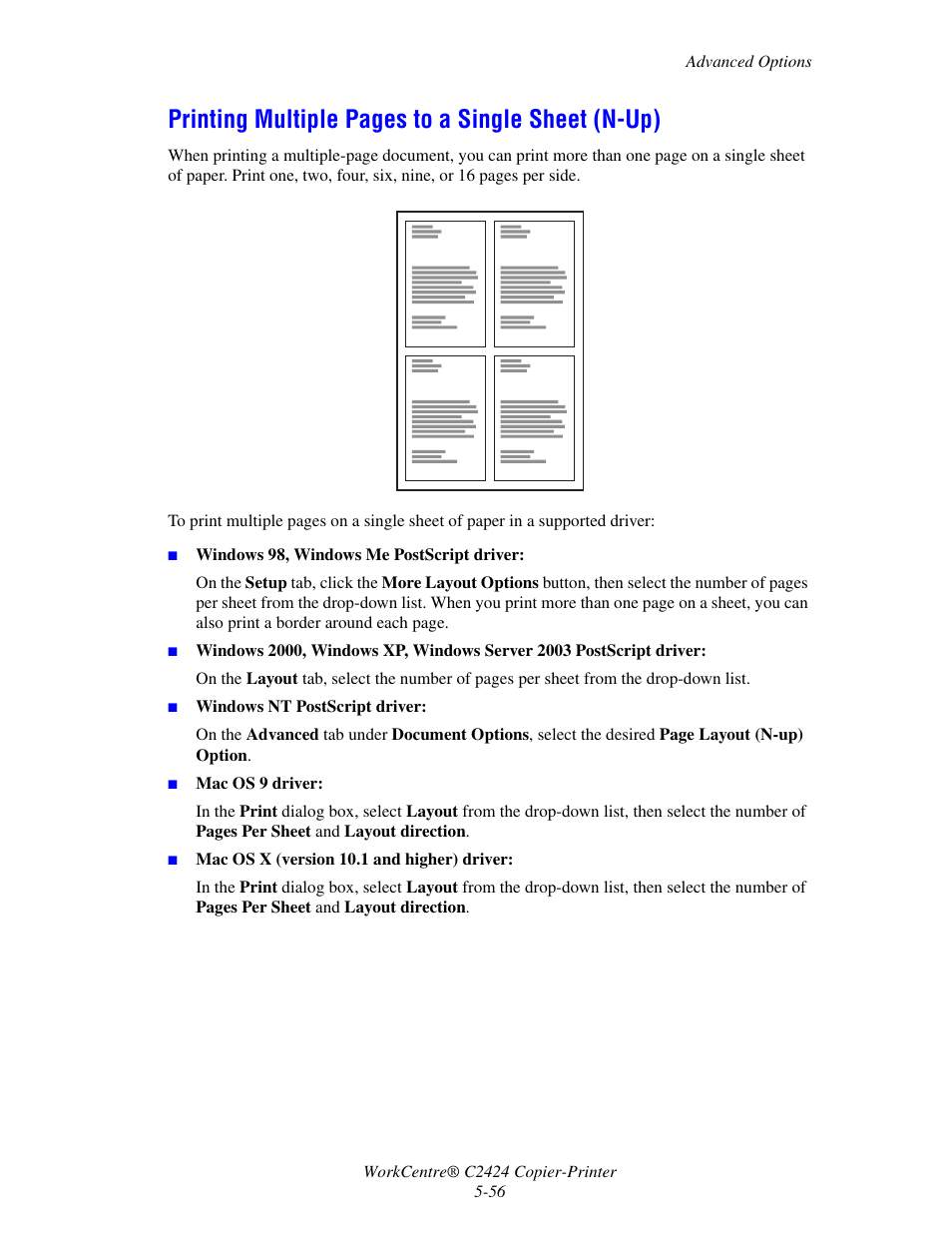 Printing multiple pages to a single sheet (n-up) | Xerox WorkCentre C2424 User Manual | Page 56 / 65