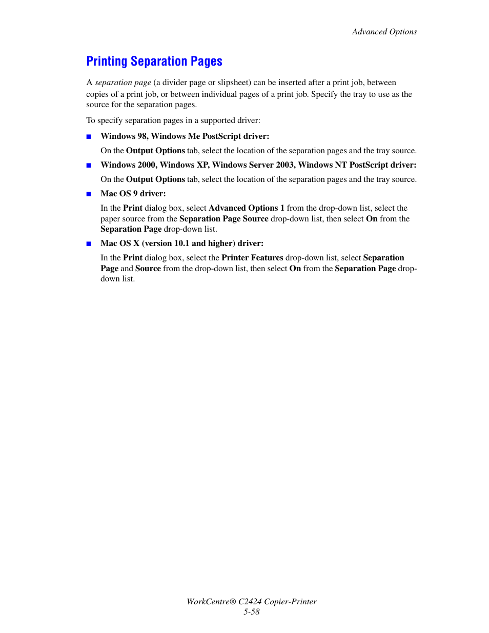 Printing separation pages | Xerox WorkCentre C2424 User Manual | Page 58 / 65