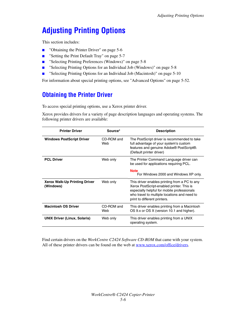 Adjusting printing options, Obtaining the printer driver | Xerox WorkCentre C2424 User Manual | Page 6 / 65