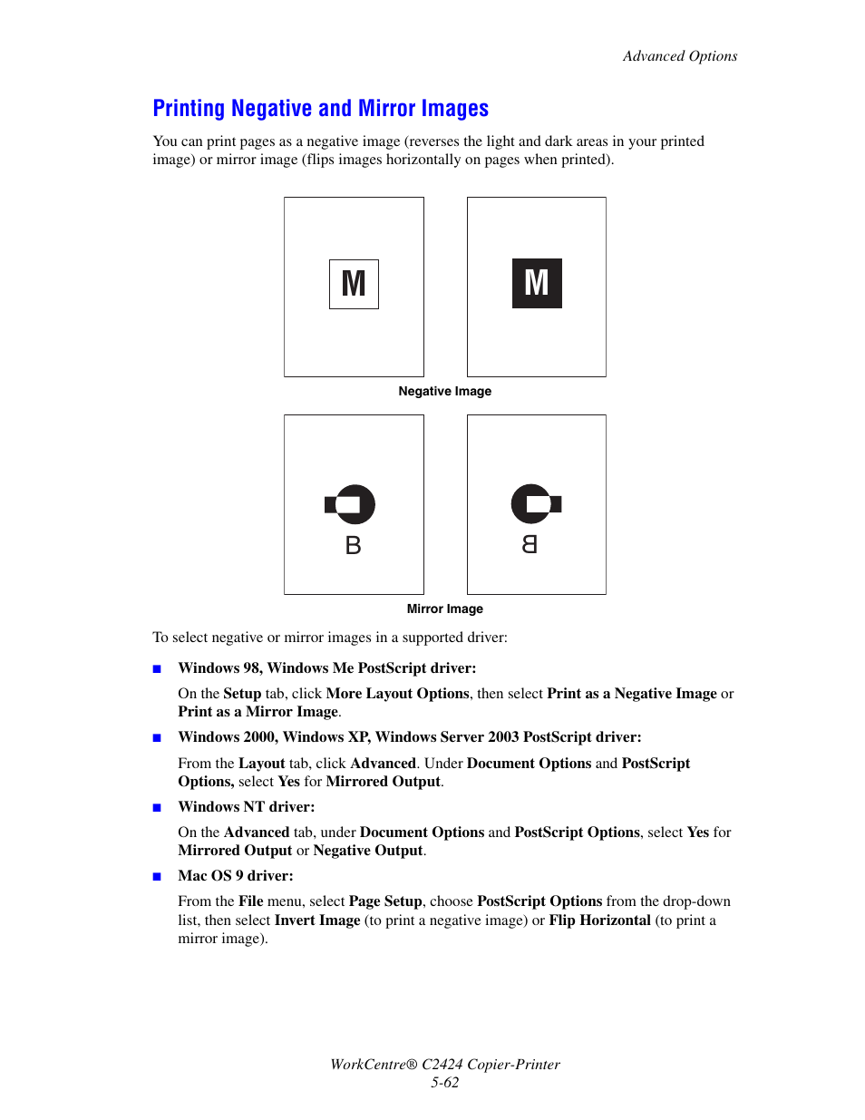 Printing negative and mirror images | Xerox WorkCentre C2424 User Manual | Page 62 / 65