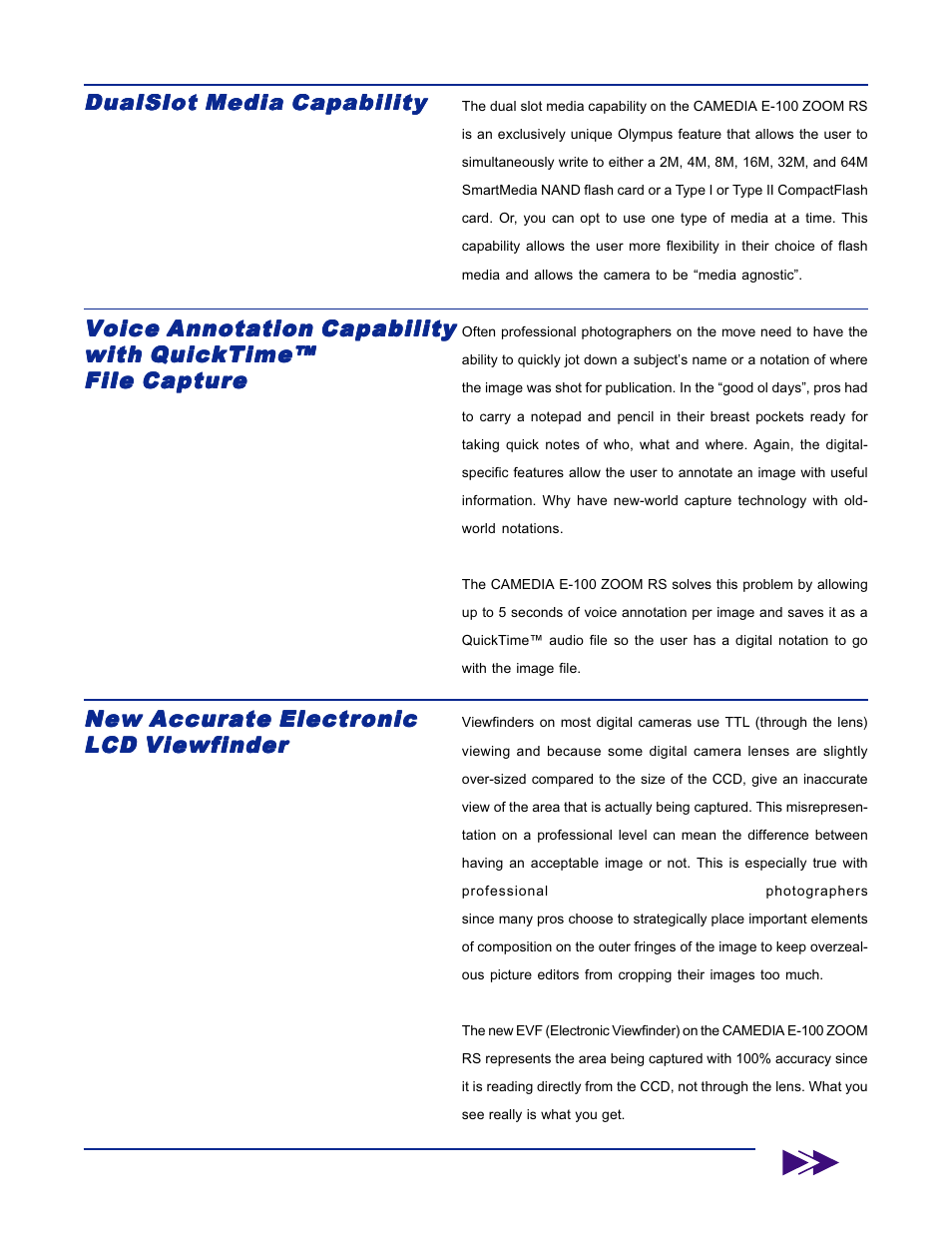 Voice annotation capability, Dualslot media capability, New accurate electronic | Olympus E-100 ZOOM RS User Manual | Page 11 / 16