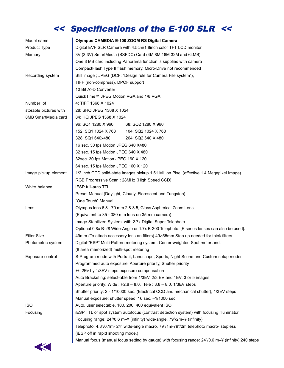 Specifications of the e-100 slr | Olympus E-100 ZOOM RS User Manual | Page 14 / 16