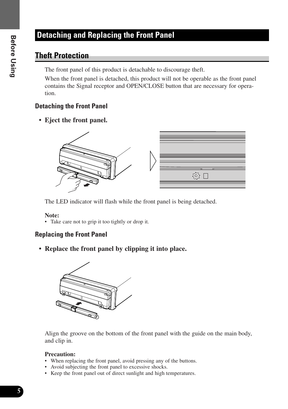 Detaching and replacing the front panel, Theft protection | Pioneer AVX-7300 User Manual | Page 10 / 28