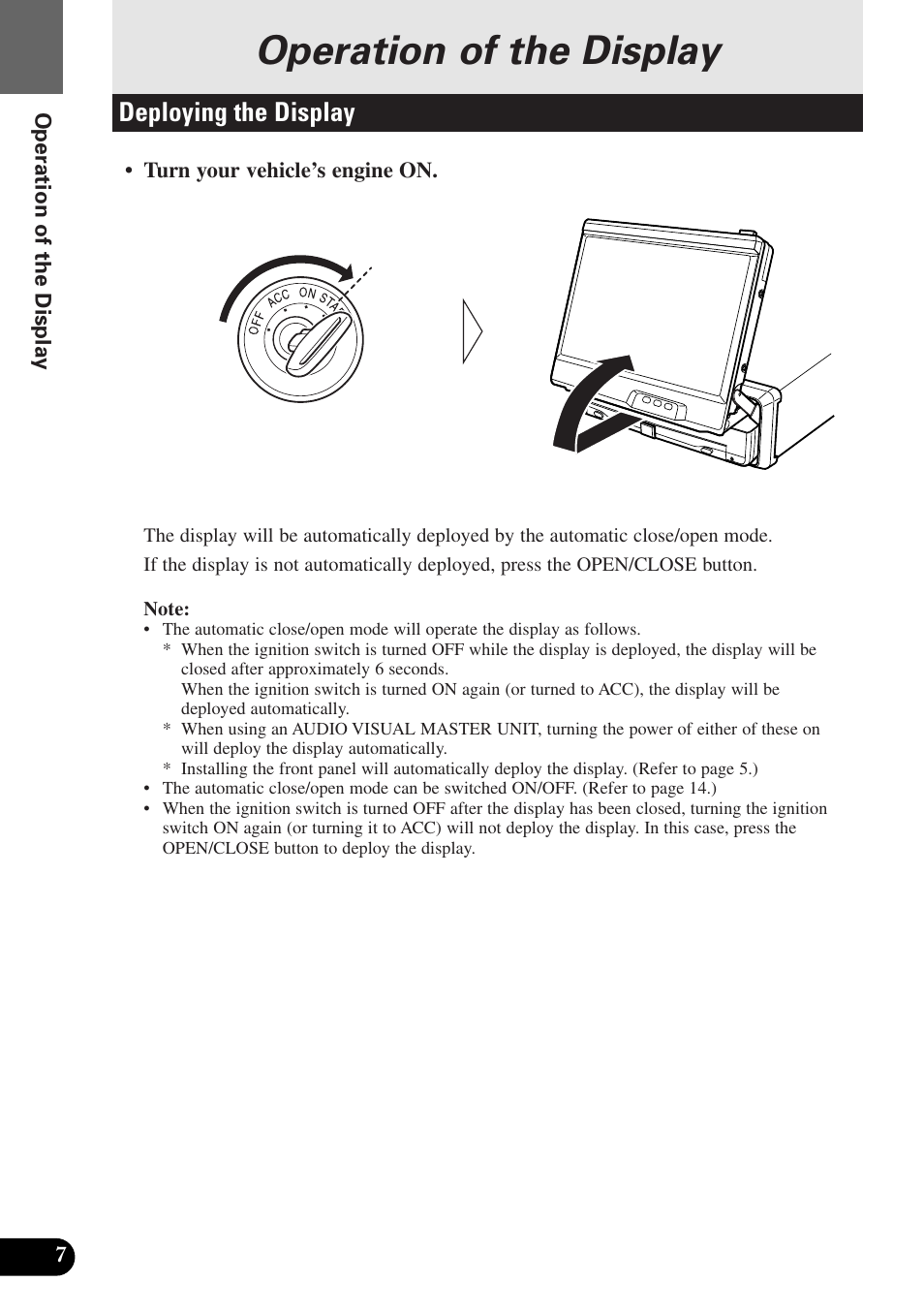 Operation of the display, Deploying the display | Pioneer AVX-7300 User Manual | Page 12 / 28