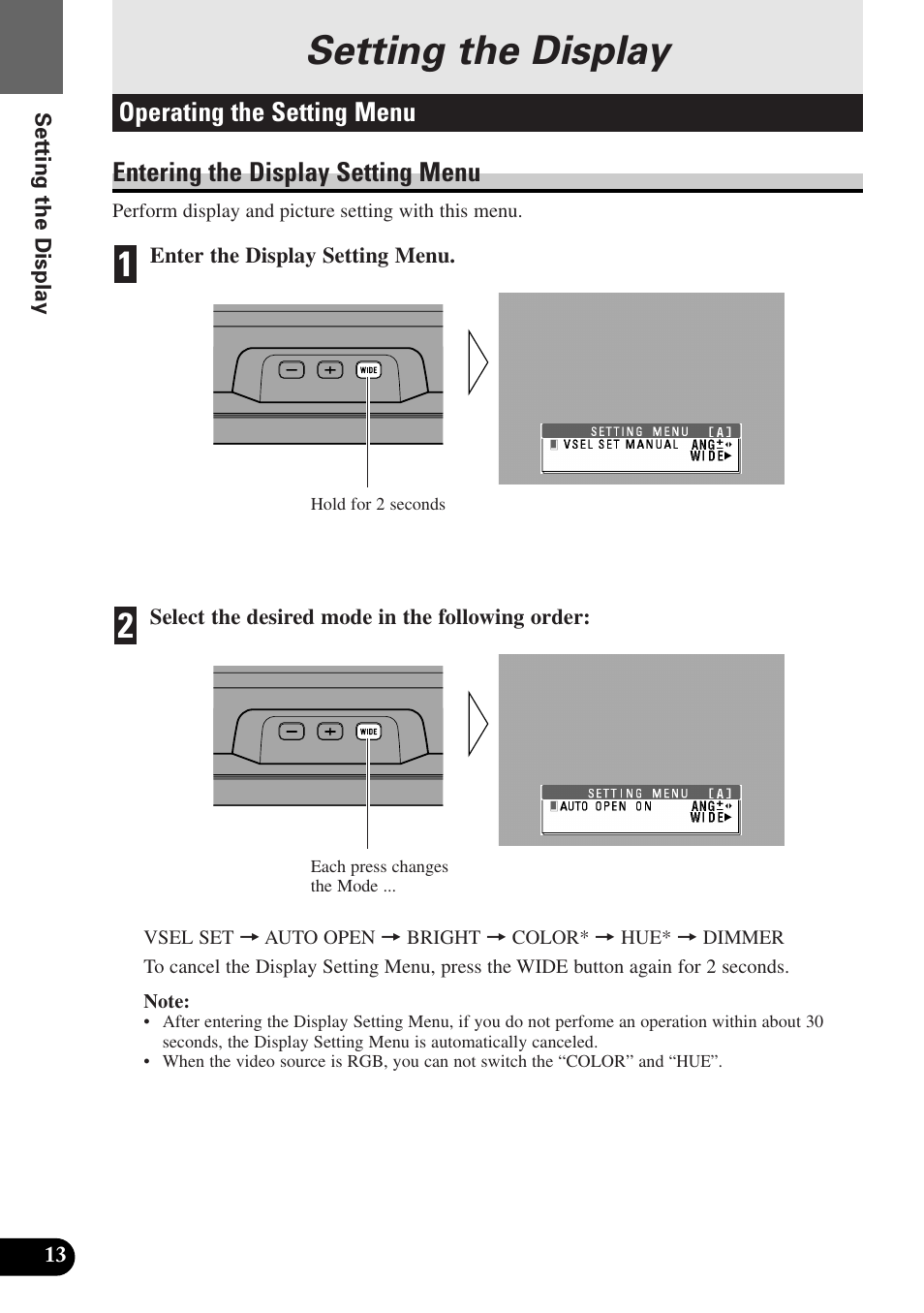 Setting the display, Operating the setting menu, Entering the display setting menu | Pioneer AVX-7300 User Manual | Page 18 / 28