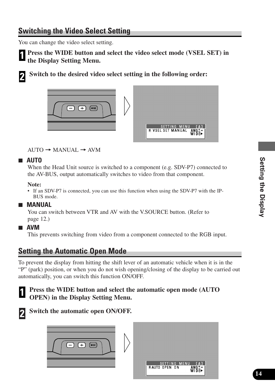 Switching the video select setting, Setting the automatic open mode | Pioneer AVX-7300 User Manual | Page 19 / 28